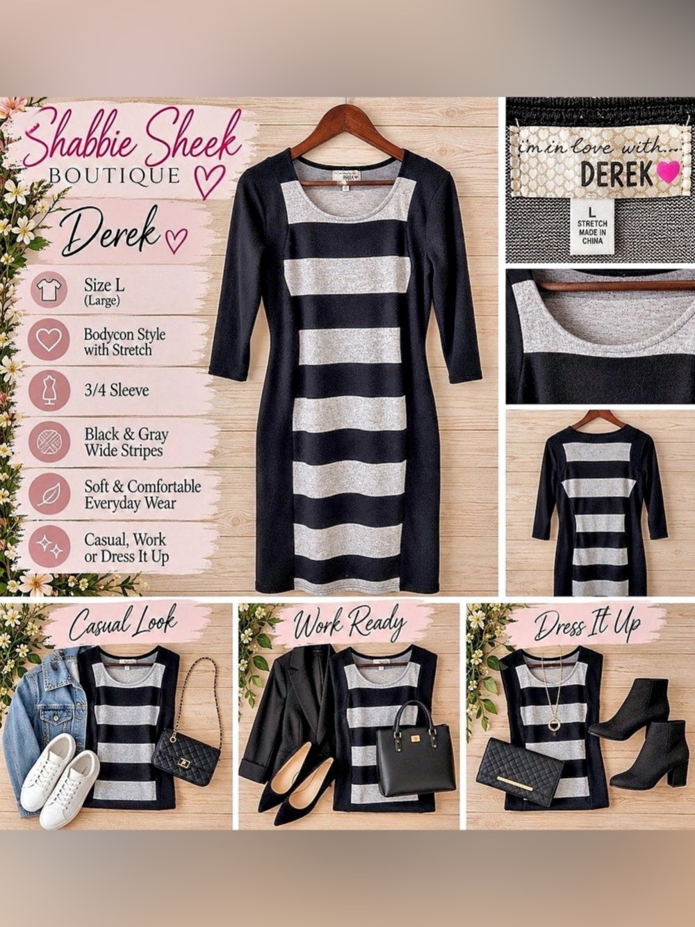 Derek Heart striped stretch dress Striped Midi Dress in Black & Gray Size Large
